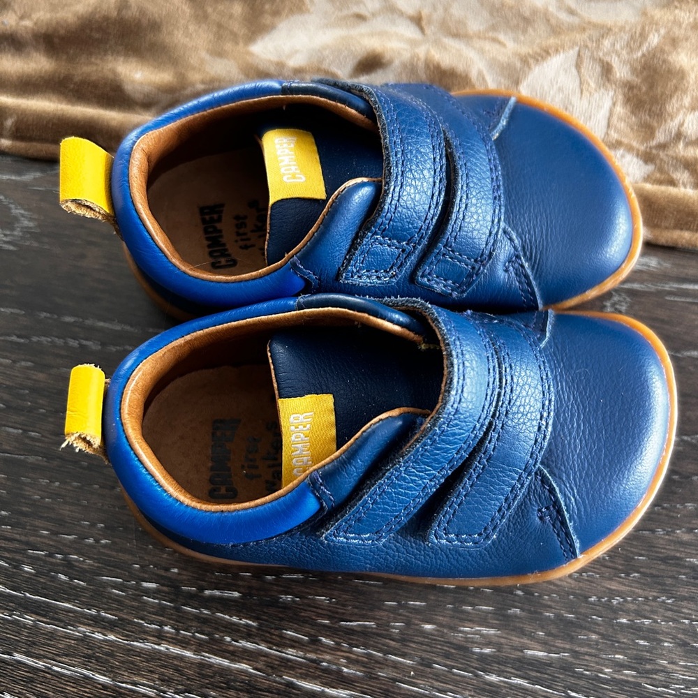 Camper Navy Leather Kids Shoes with Yellow Accents